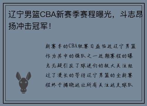 辽宁男篮CBA新赛季赛程曝光，斗志昂扬冲击冠军！
