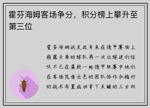 霍芬海姆客场争分，积分榜上攀升至第三位