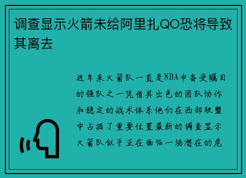 调查显示火箭未给阿里扎QO恐将导致其离去